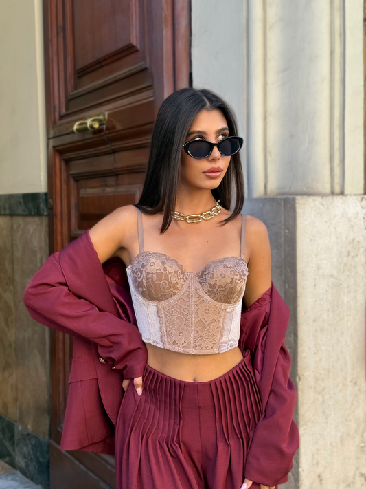 Top Bustier in Pizzo e Velluto Nude