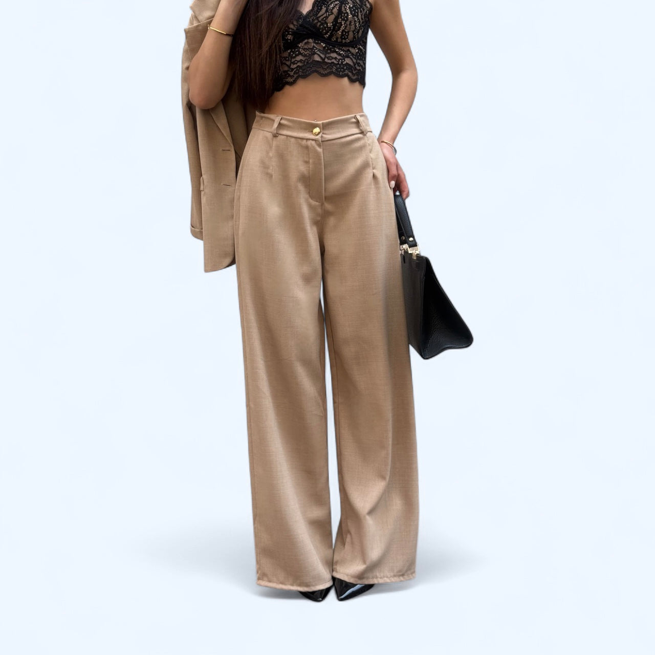 Pantaloni Donna Eleganti Beige a Gamba Larga – Vita Alta