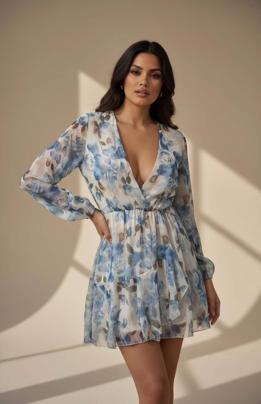 Vestito Chiffon Floreale — Rose Blu