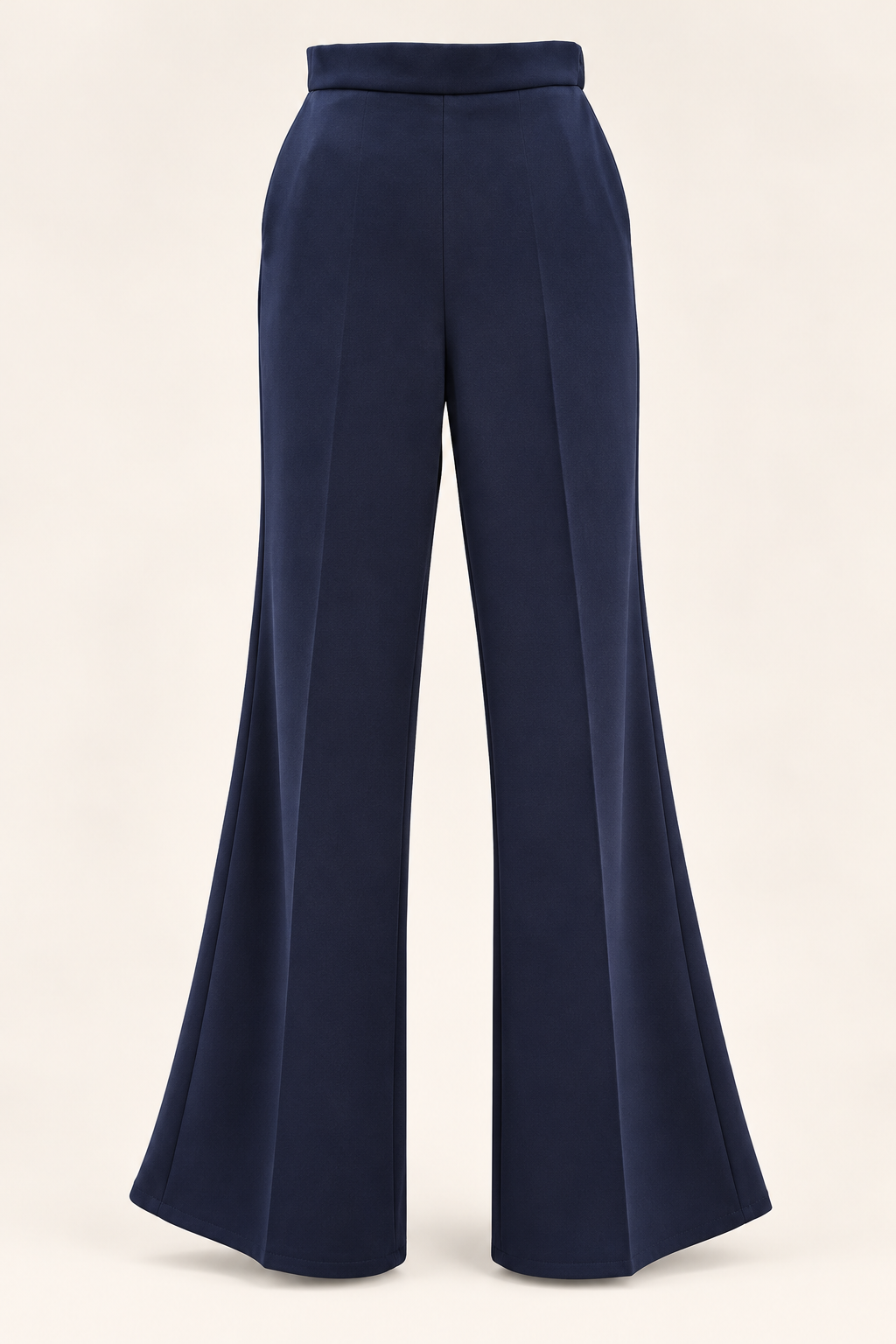 Pantalone a Zampa Blu Notte con Dettagli in Raso