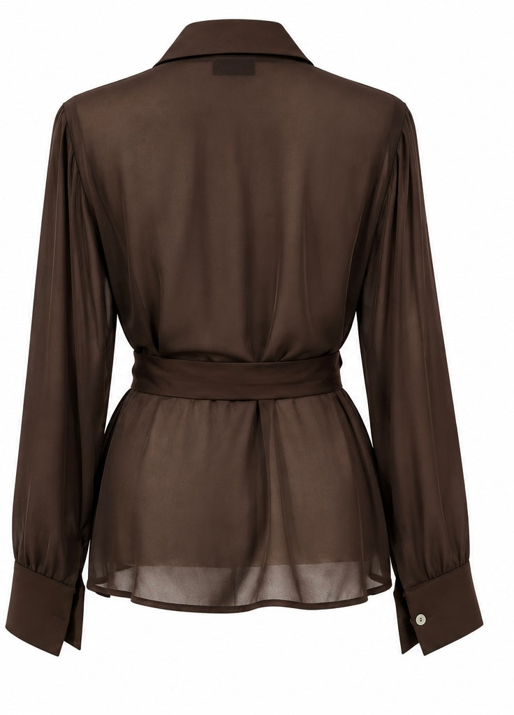 Camicia elegante in chiffon marrone con cintura e fiocco