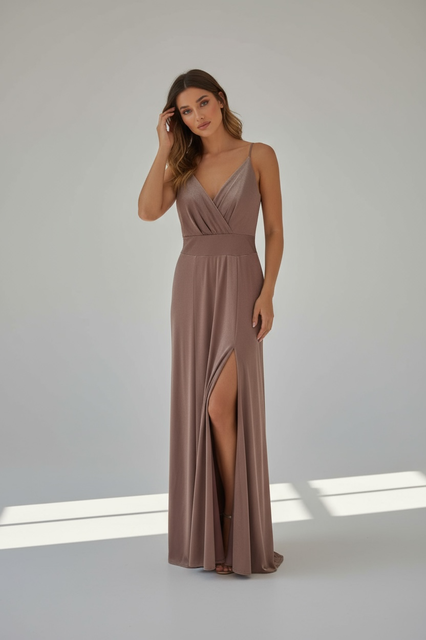 Abito Lungo Incrociato con Spalline Sottili e Spacco Laterale – Colore Moka Cangiante