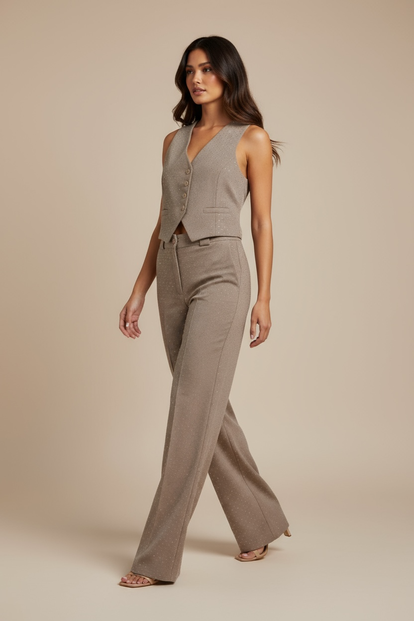 Completo sartoriale beige con dettagli luminosi