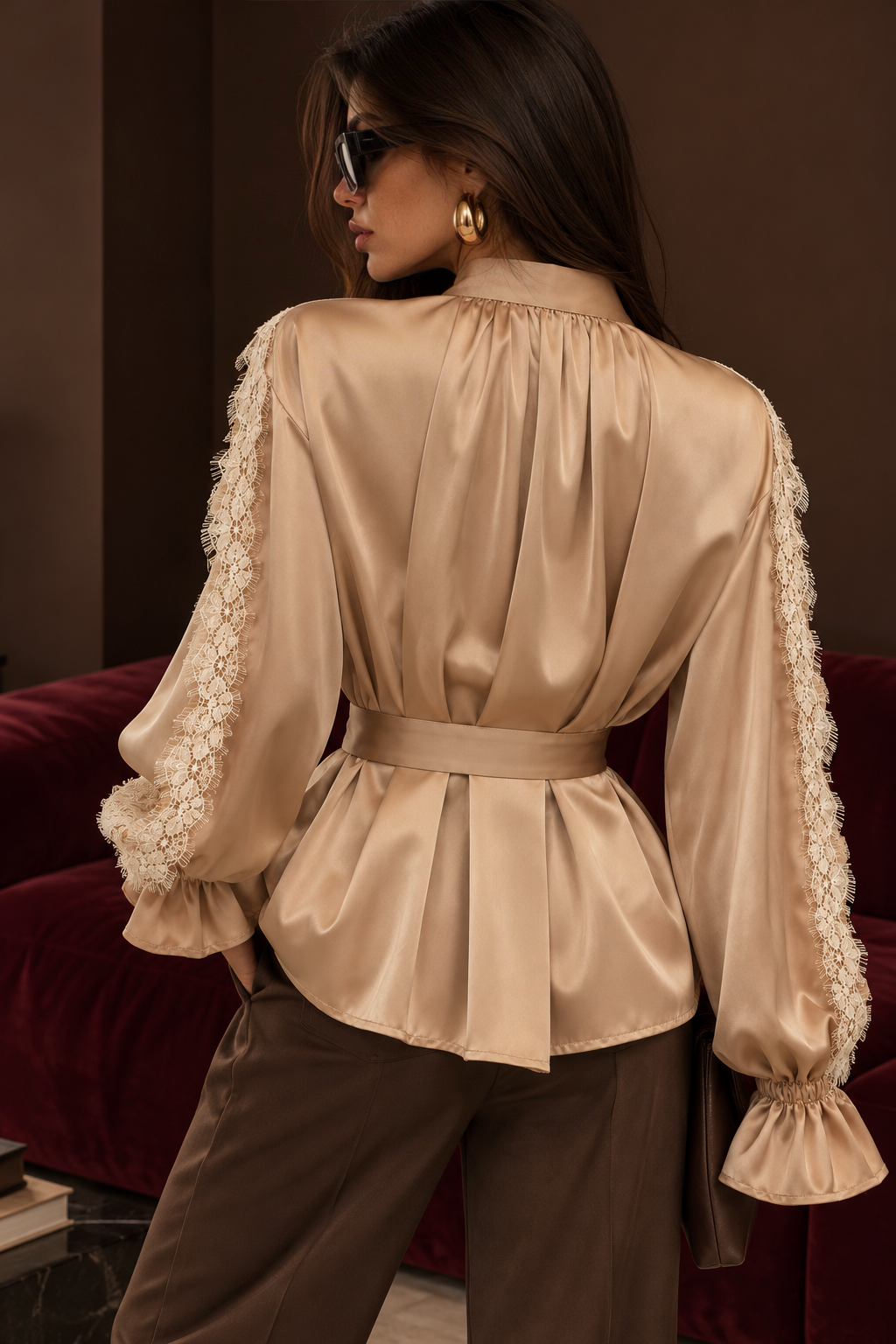 Camicia Satin Champagne con Pizzo