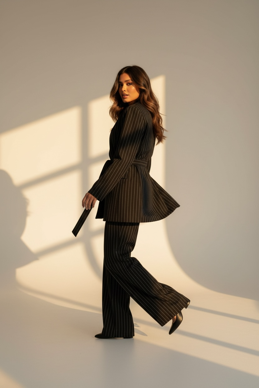 Tailleur Donna Gessato con Giacca Cinturata e Pantalone Palazzo