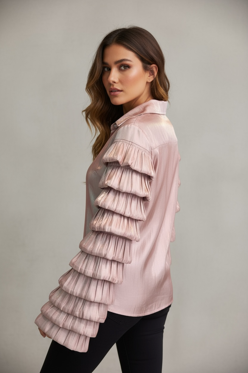 Camicia Satin Rosa Antico Cangiante con Maniche a Balze – “Aurora Blouse”