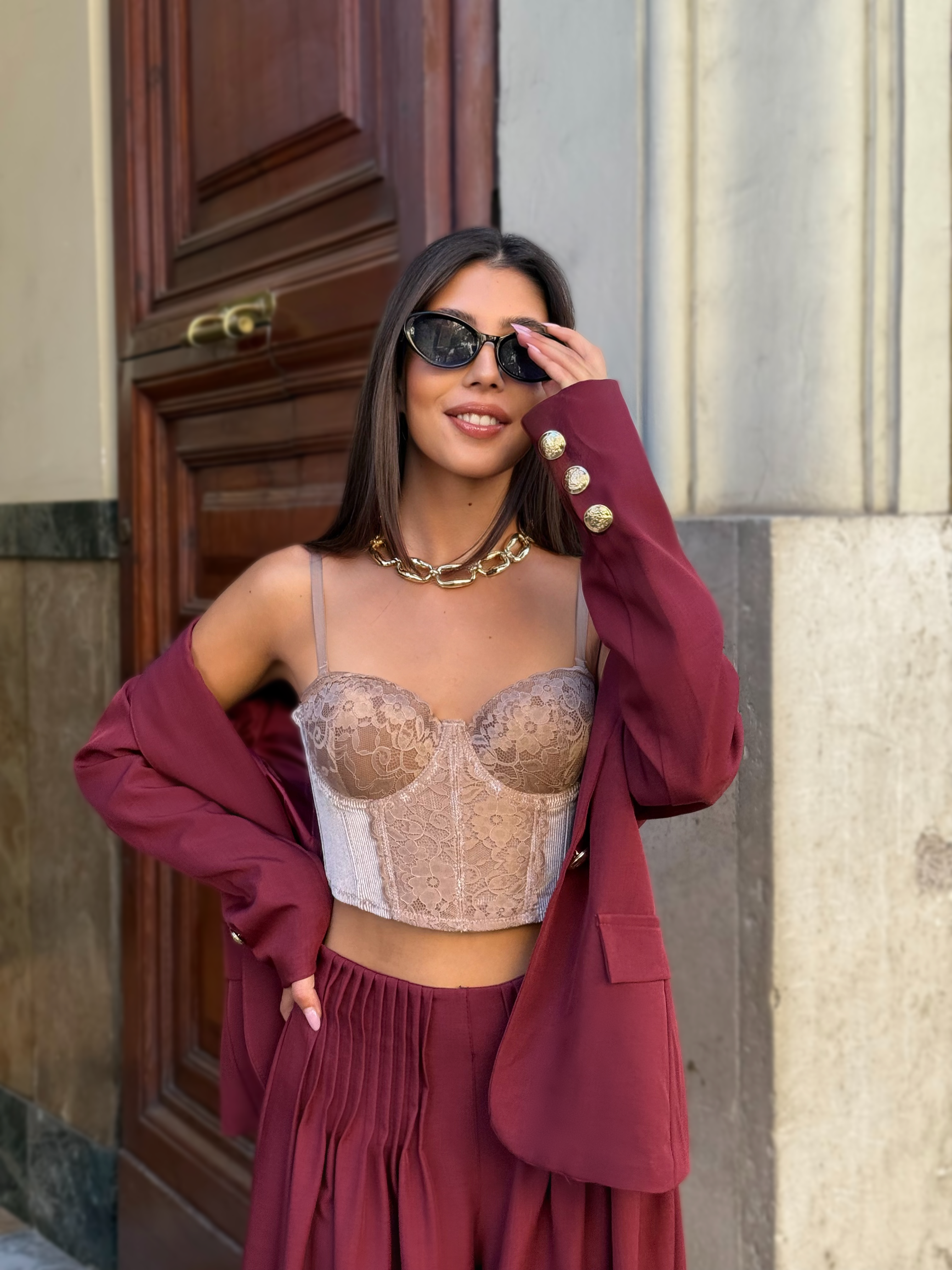 Top Bustier in Pizzo e Velluto Nude