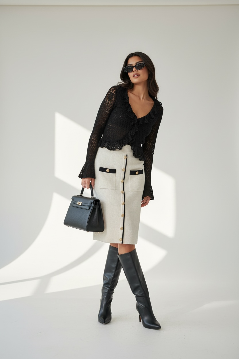 Gonna Elegante Midi con Bottoni – Panna