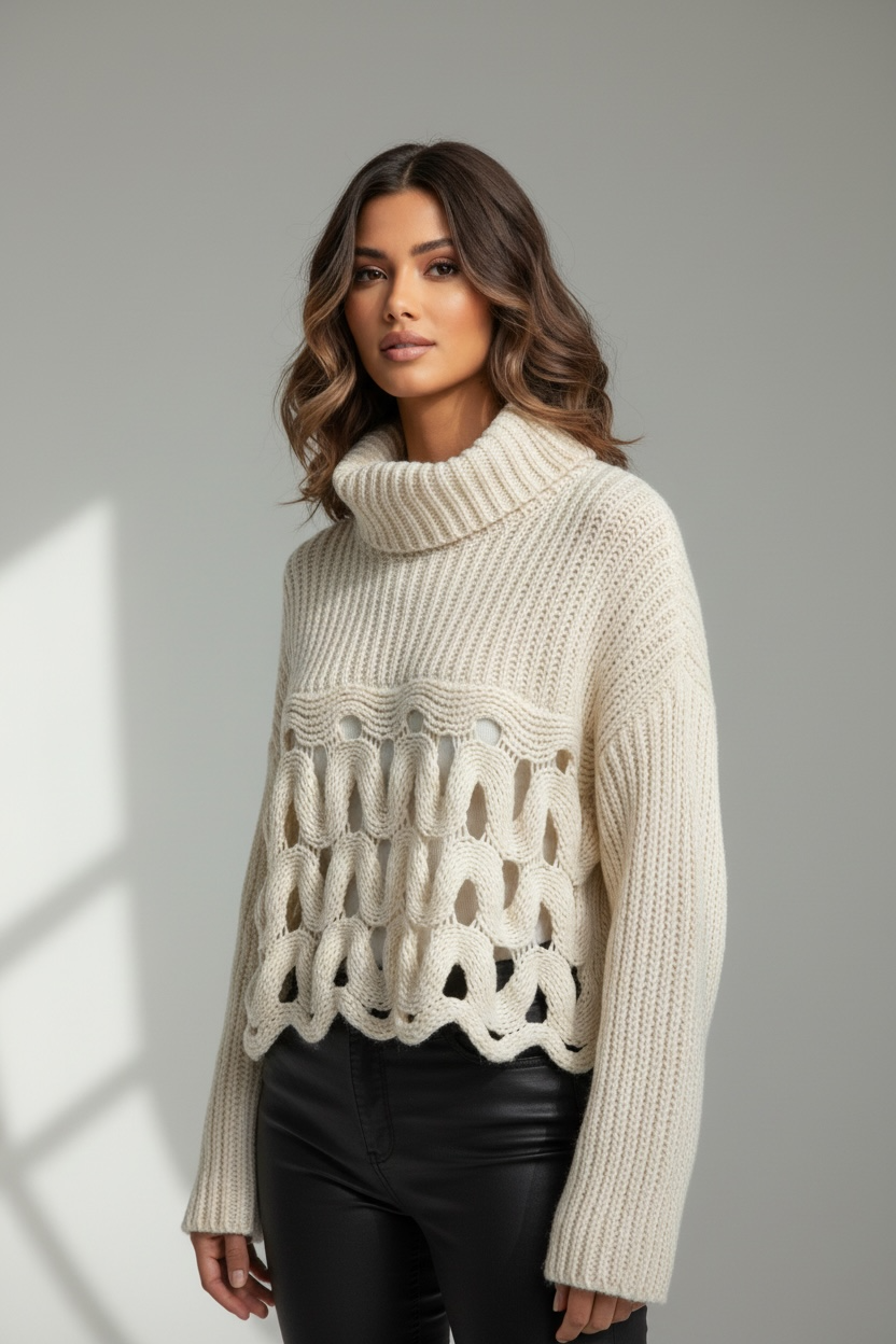 Maglione in maglia con lavorazione traforata – Colore panna