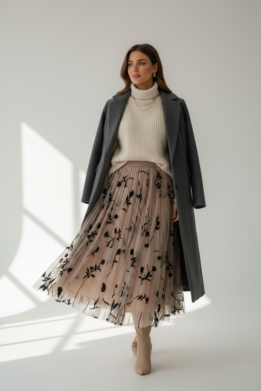 Gonna Lunga in Tulle Ricamato – Nude Elegance