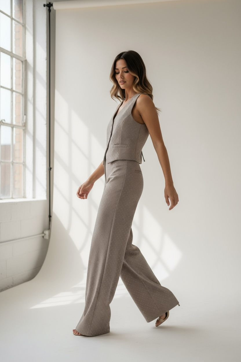 Completo sartoriale beige con dettagli luminosi