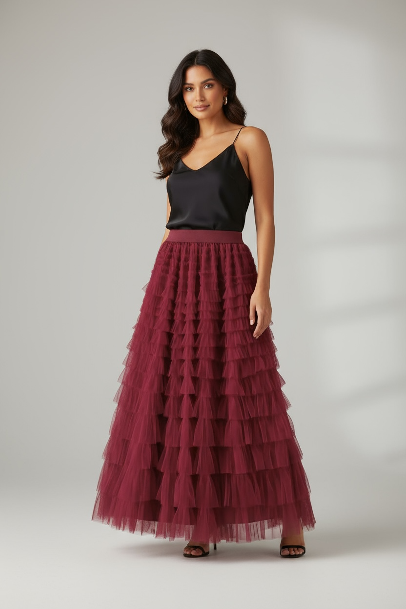 Gonna Lunga in Tulle a Balze – Borgogna Elegance