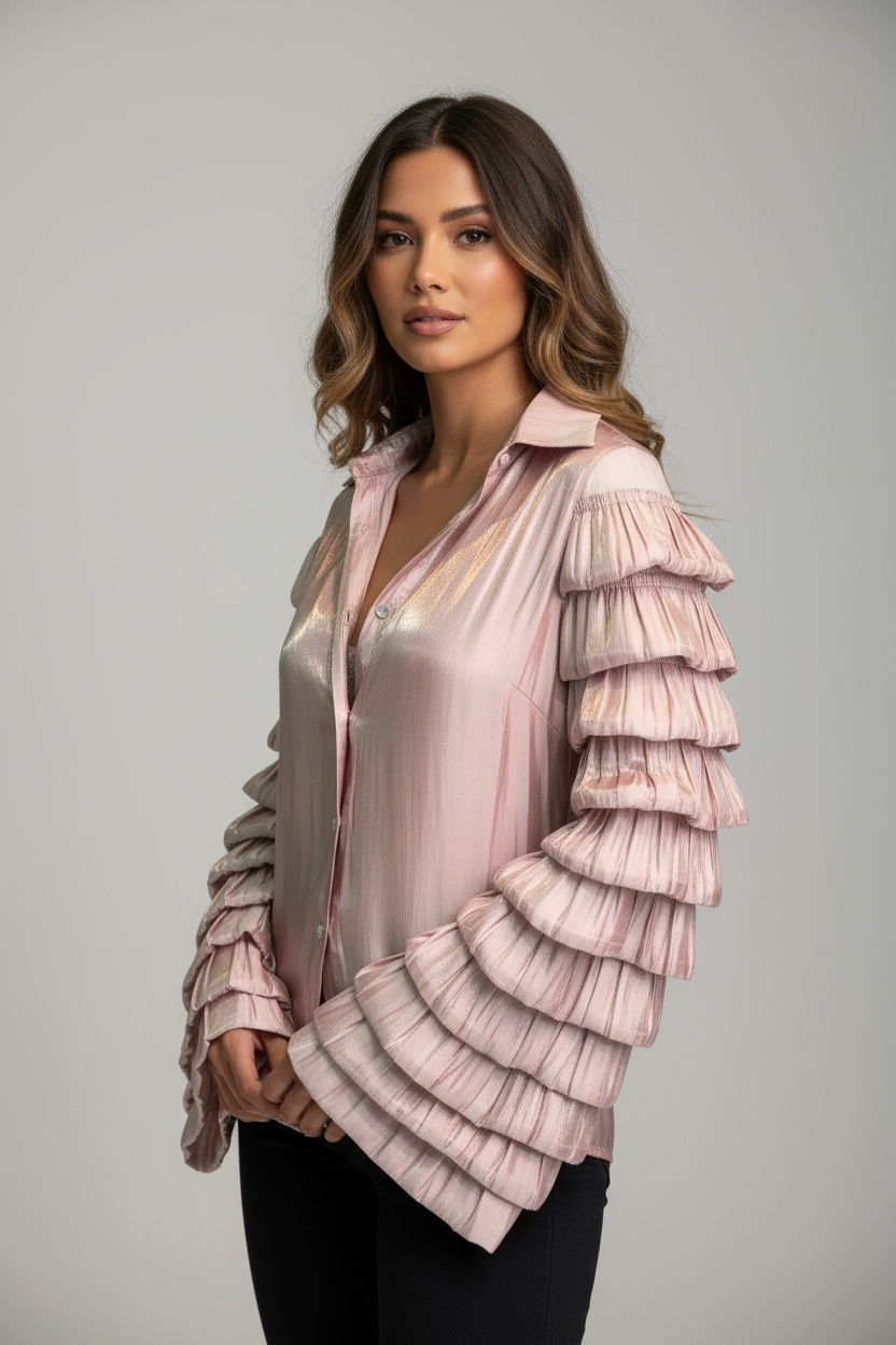 Camicia Satin Rosa Antico Cangiante con Maniche a Balze – “Aurora Blouse”