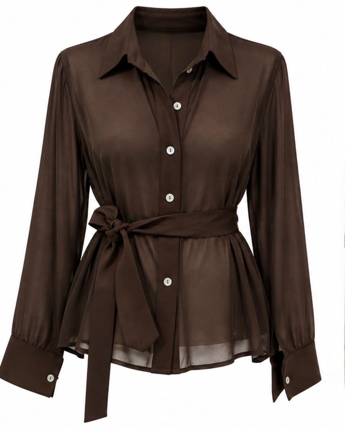 Camicia elegante in chiffon marrone con cintura e fiocco