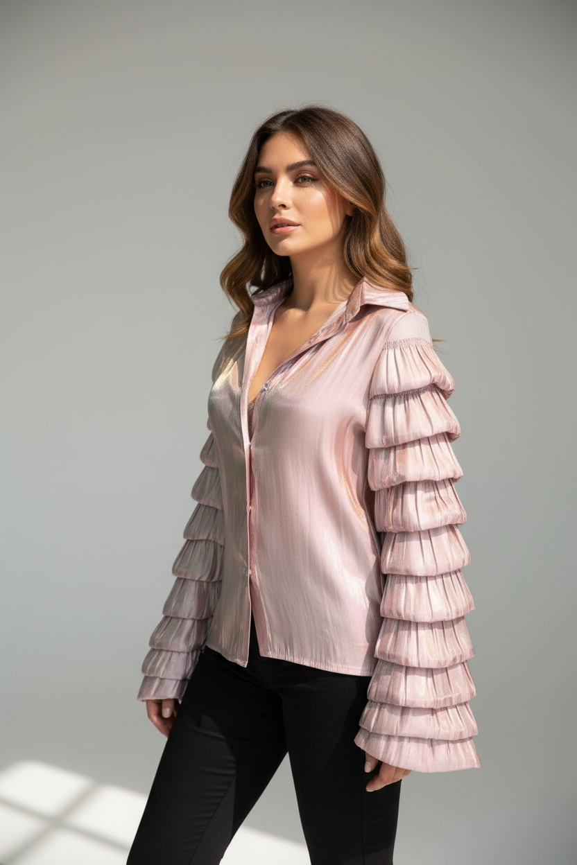 Camicia Satin Rosa Antico Cangiante con Maniche a Balze – “Aurora Blouse”