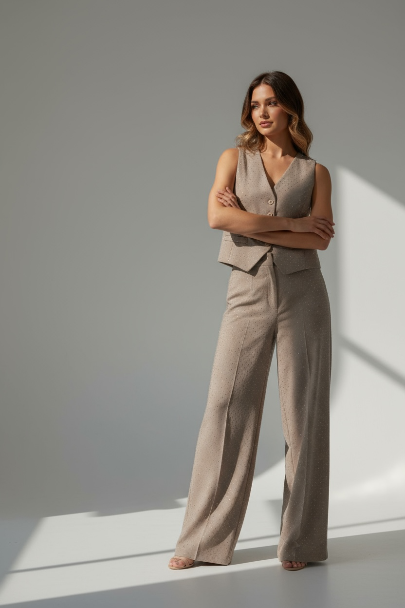 Completo sartoriale beige con dettagli luminosi