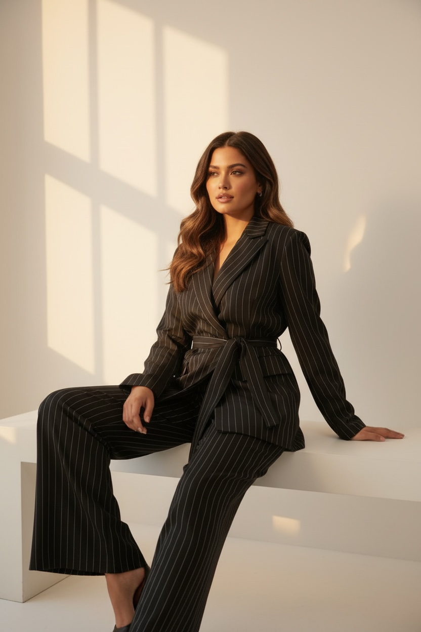 Tailleur Donna Gessato con Giacca Cinturata e Pantalone Palazzo