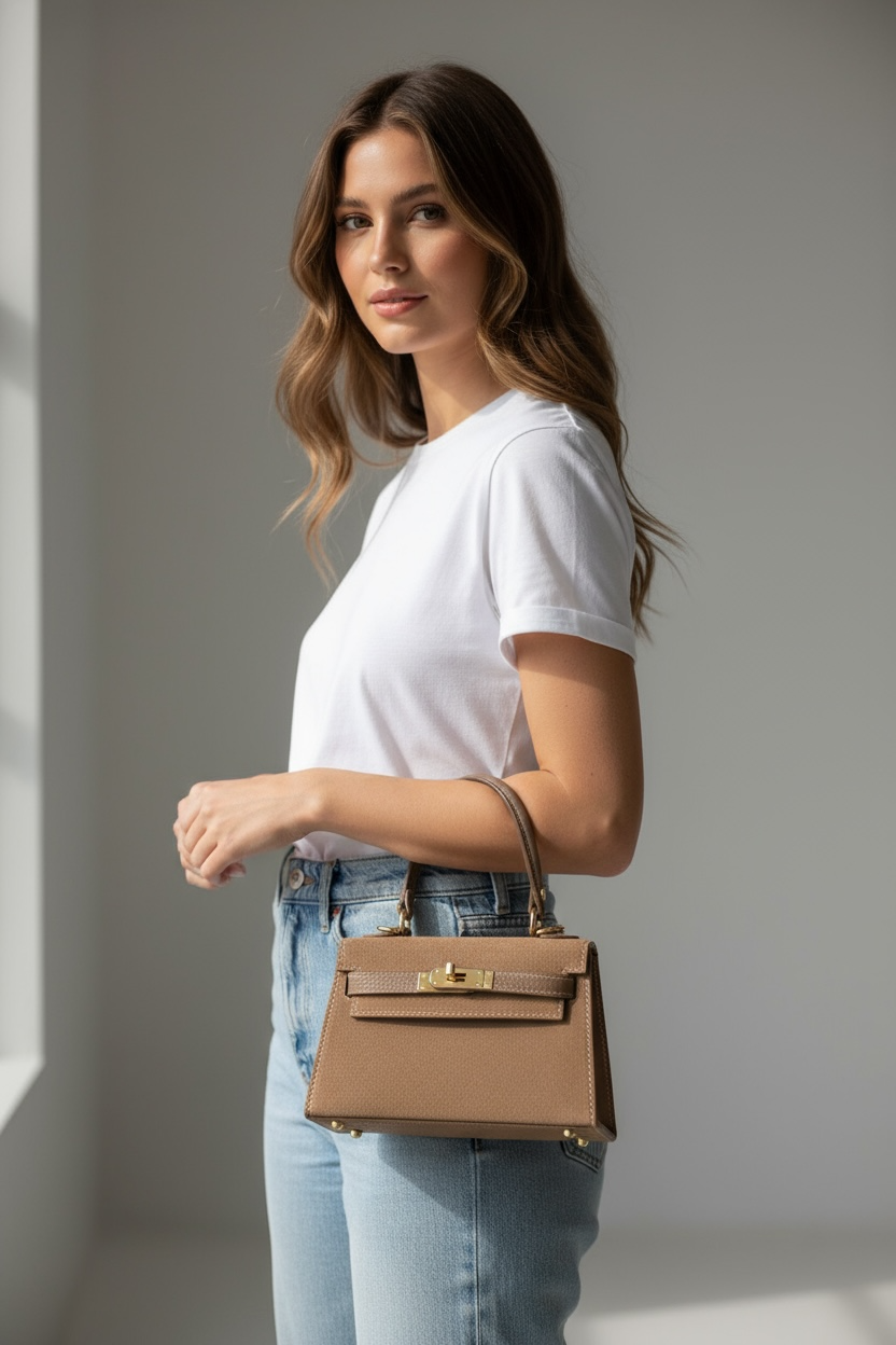 Mini borsa in vera pelle con manico rigido – Taupe