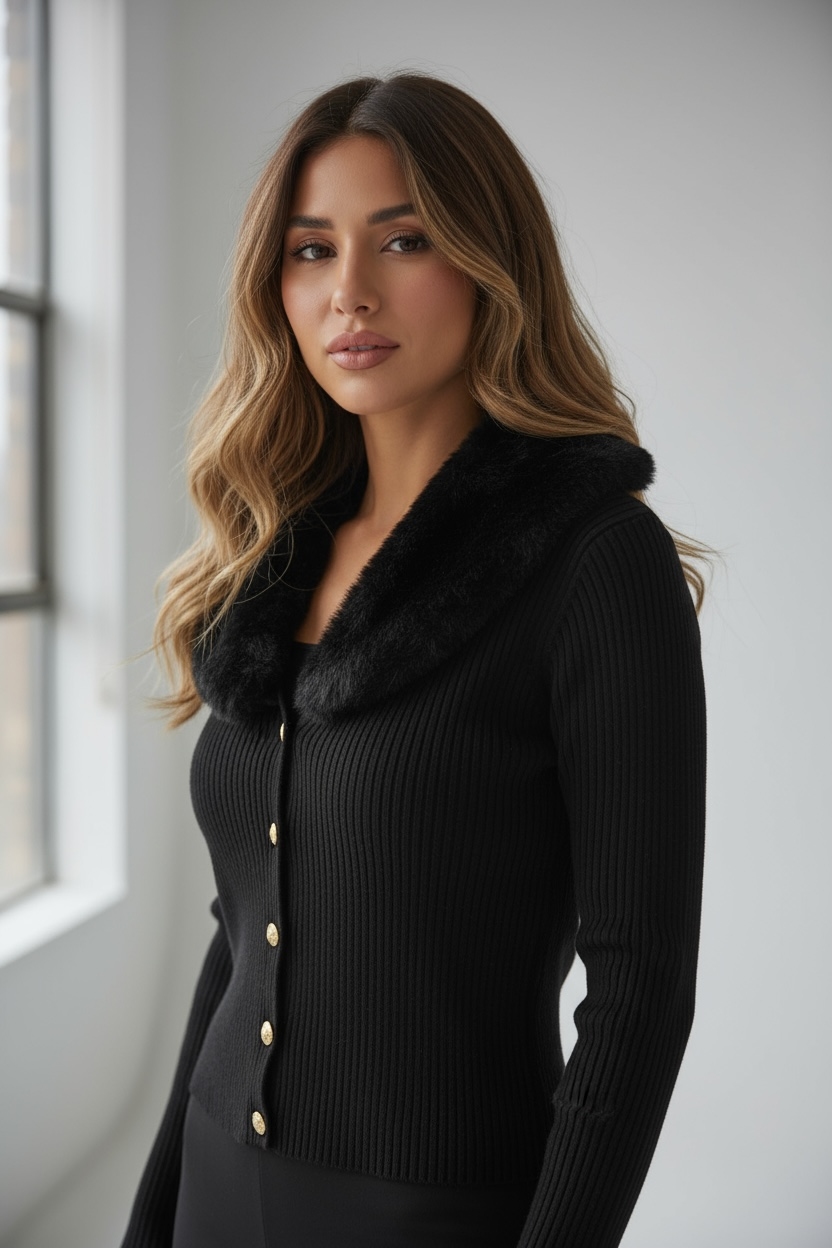 Cardigan Nero con Colletto in Eco-Pelliccia – “Verona Knit”