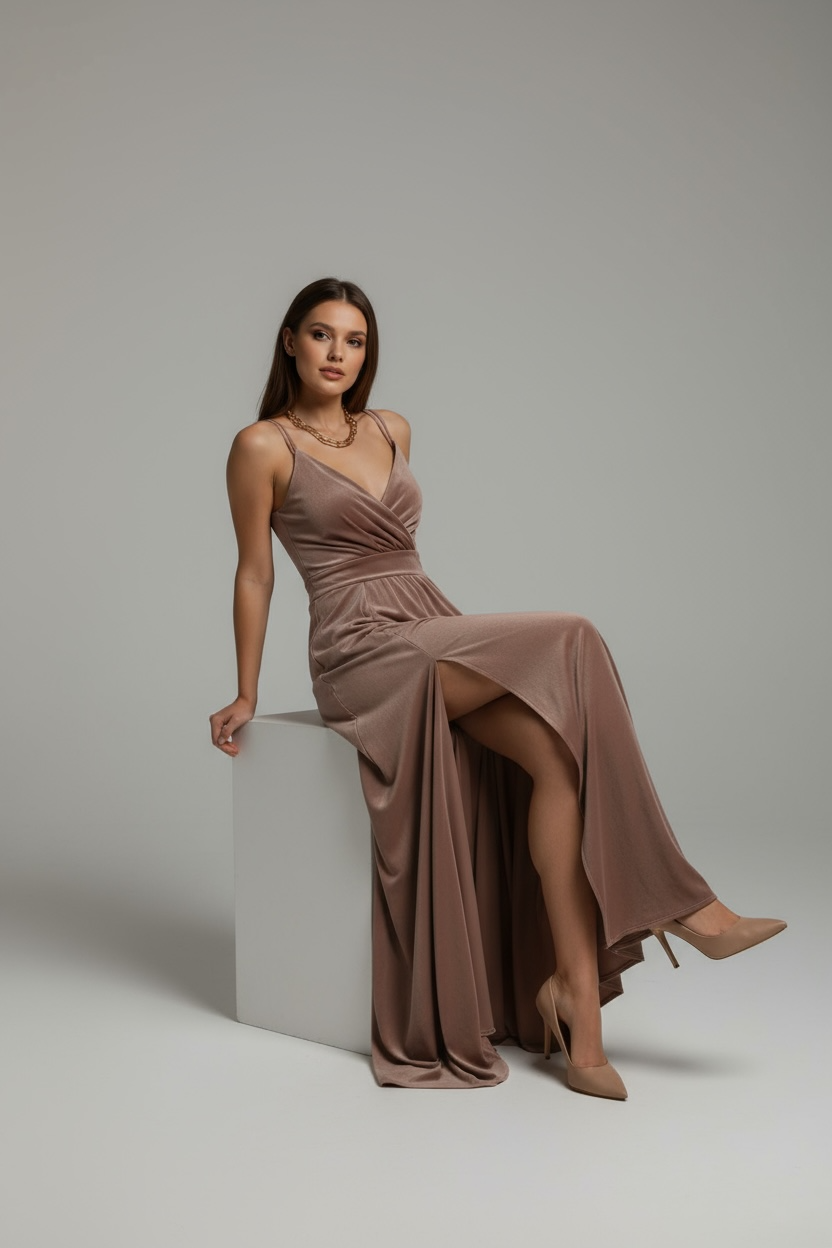 Abito Lungo Incrociato con Spalline Sottili e Spacco Laterale – Colore Moka Cangiante