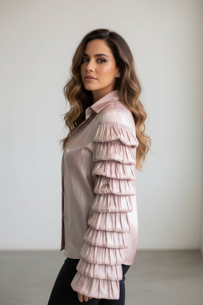 Camicia Satin Rosa Antico Cangiante con Maniche a Balze – “Aurora Blouse”
