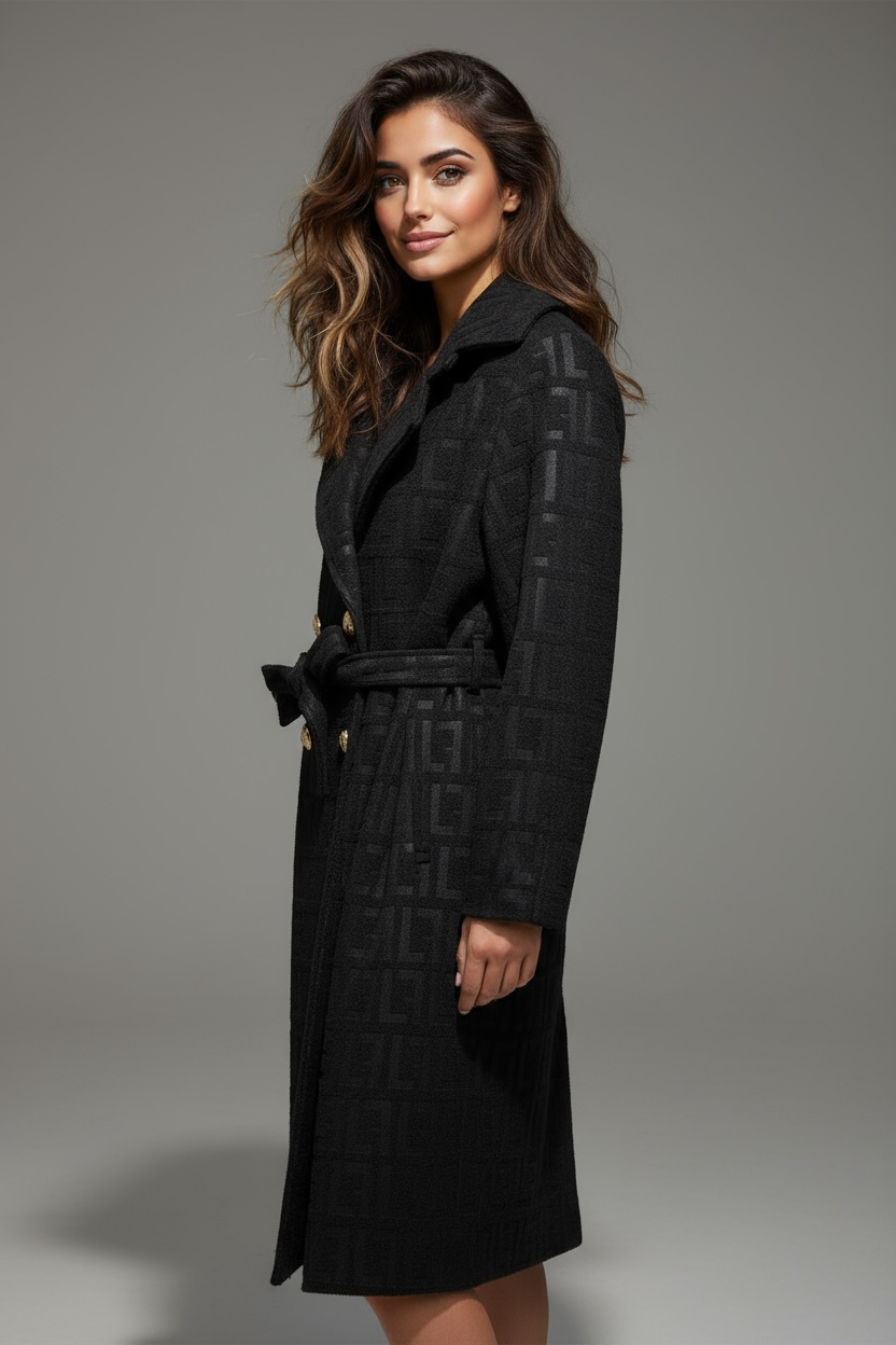 Cappotto nero con cintura e bottoni dorati