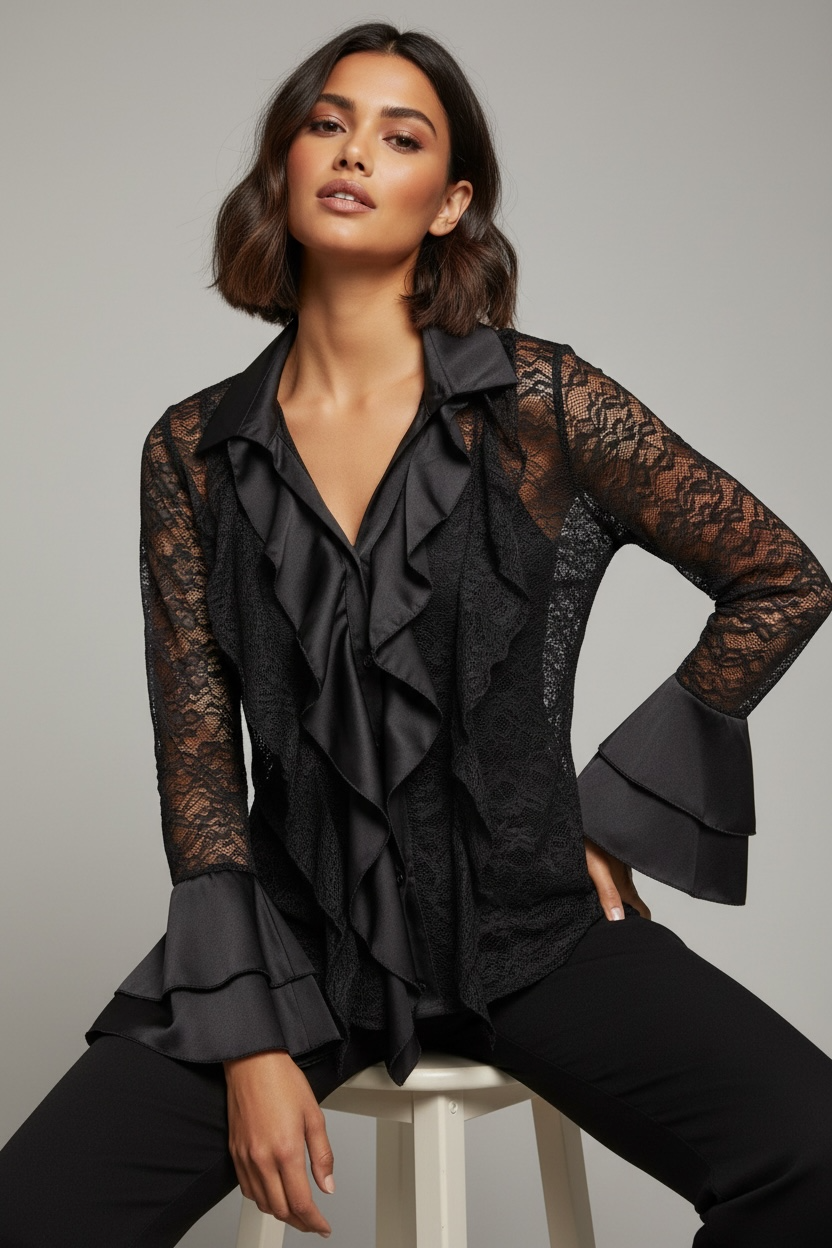 Camicia in pizzo trasparente con rouches – Colore nero