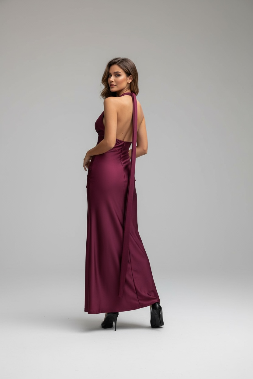 Abito lungo bordeaux con schiena scoperta e spacco frontale