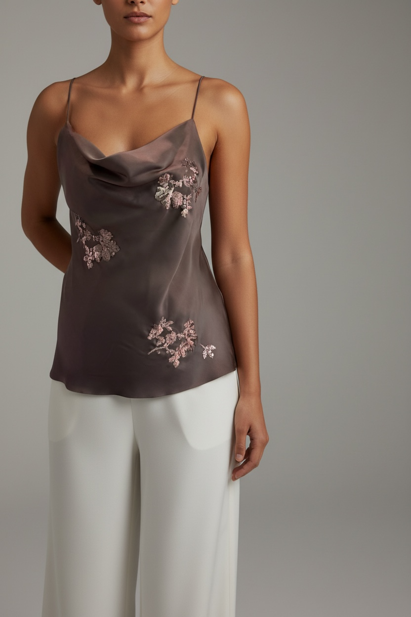 Top Satin Color Cioccolato con Ricami Floreali – Effortless Elegance