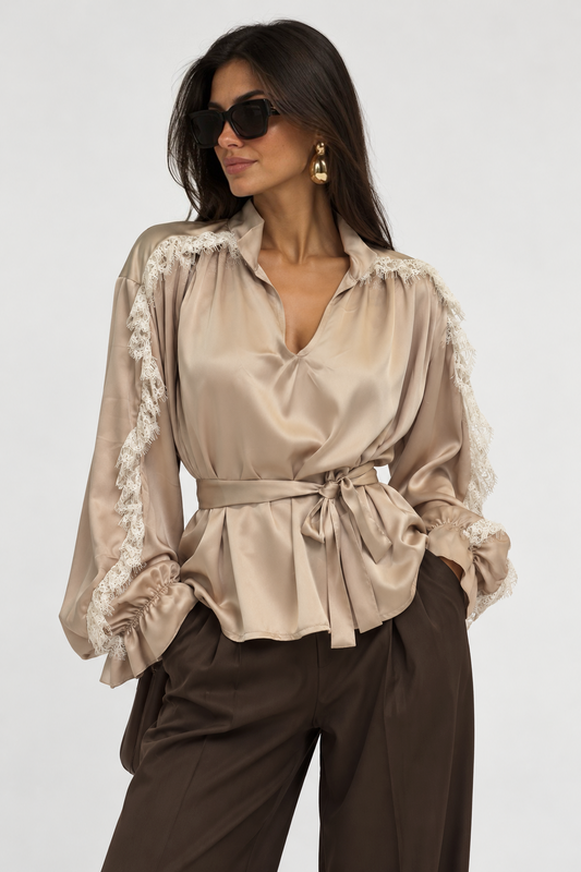 Camicia Satin Champagne con Pizzo