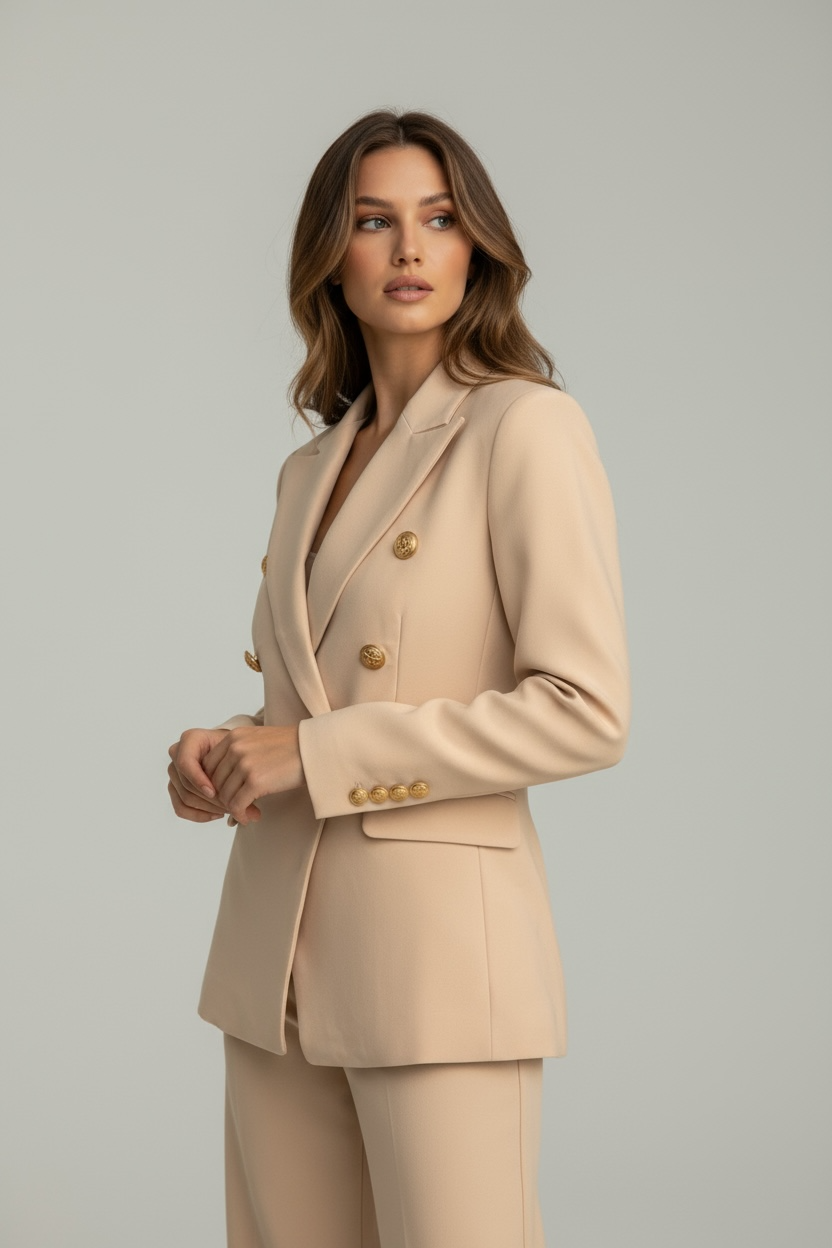Blazer Doppiopetto con Bottoni Oro – Beige Chiaro
