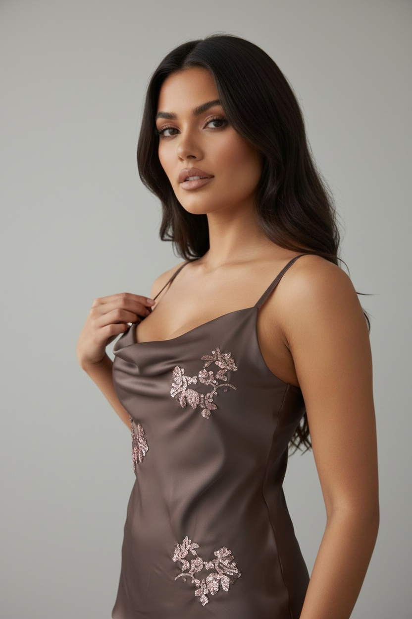 Top Satin Color Cioccolato con Ricami Floreali – Effortless Elegance