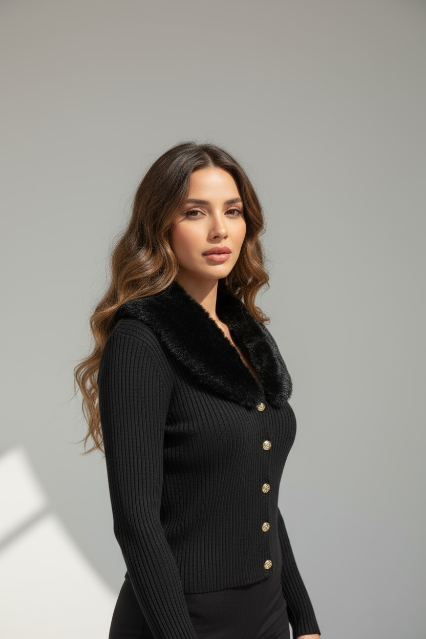 Cardigan Nero con Colletto in Eco-Pelliccia – “Verona Knit”