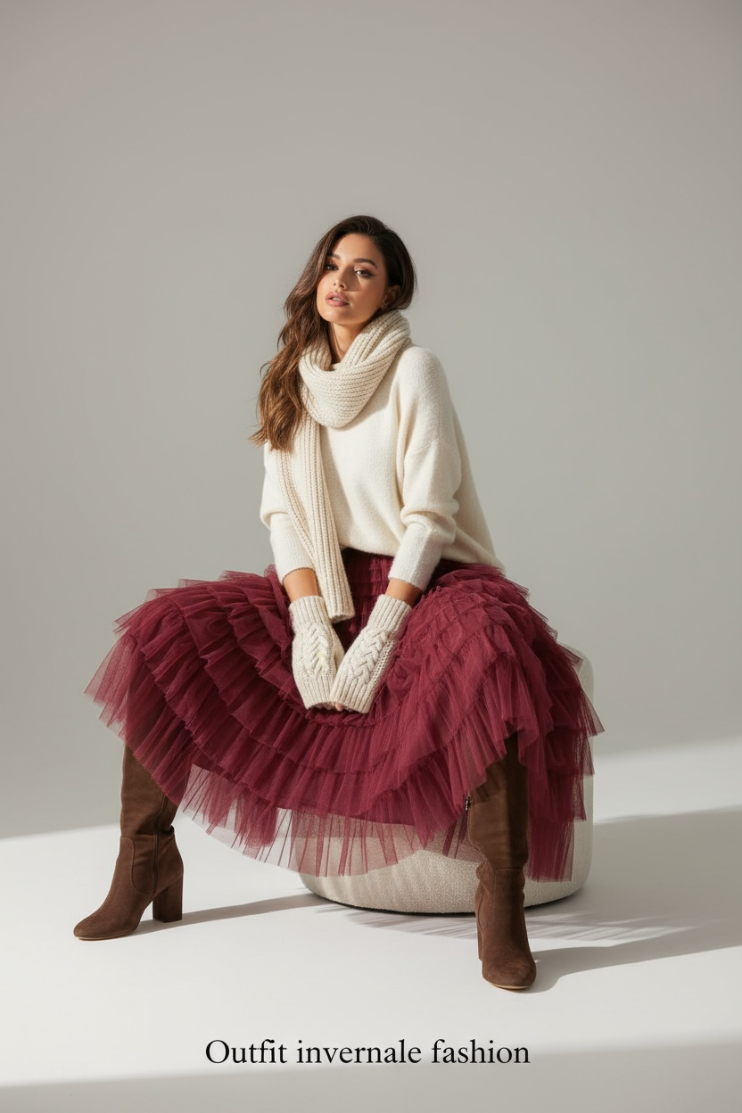 Gonna Lunga in Tulle a Balze – Borgogna Elegance