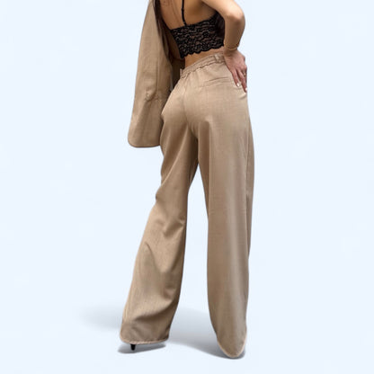 Pantaloni Donna Eleganti Beige a Gamba Larga – Vita Alta