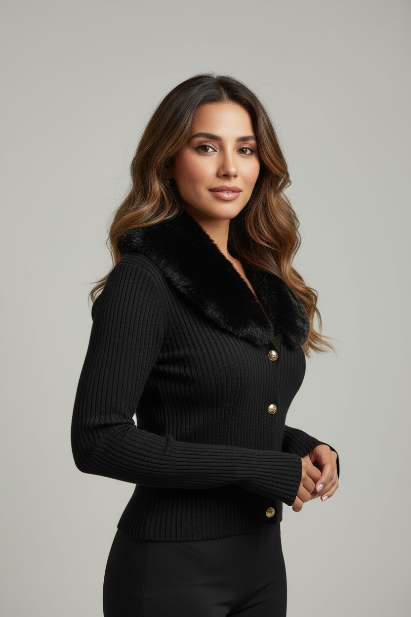 Cardigan Nero con Colletto in Eco-Pelliccia – “Verona Knit”