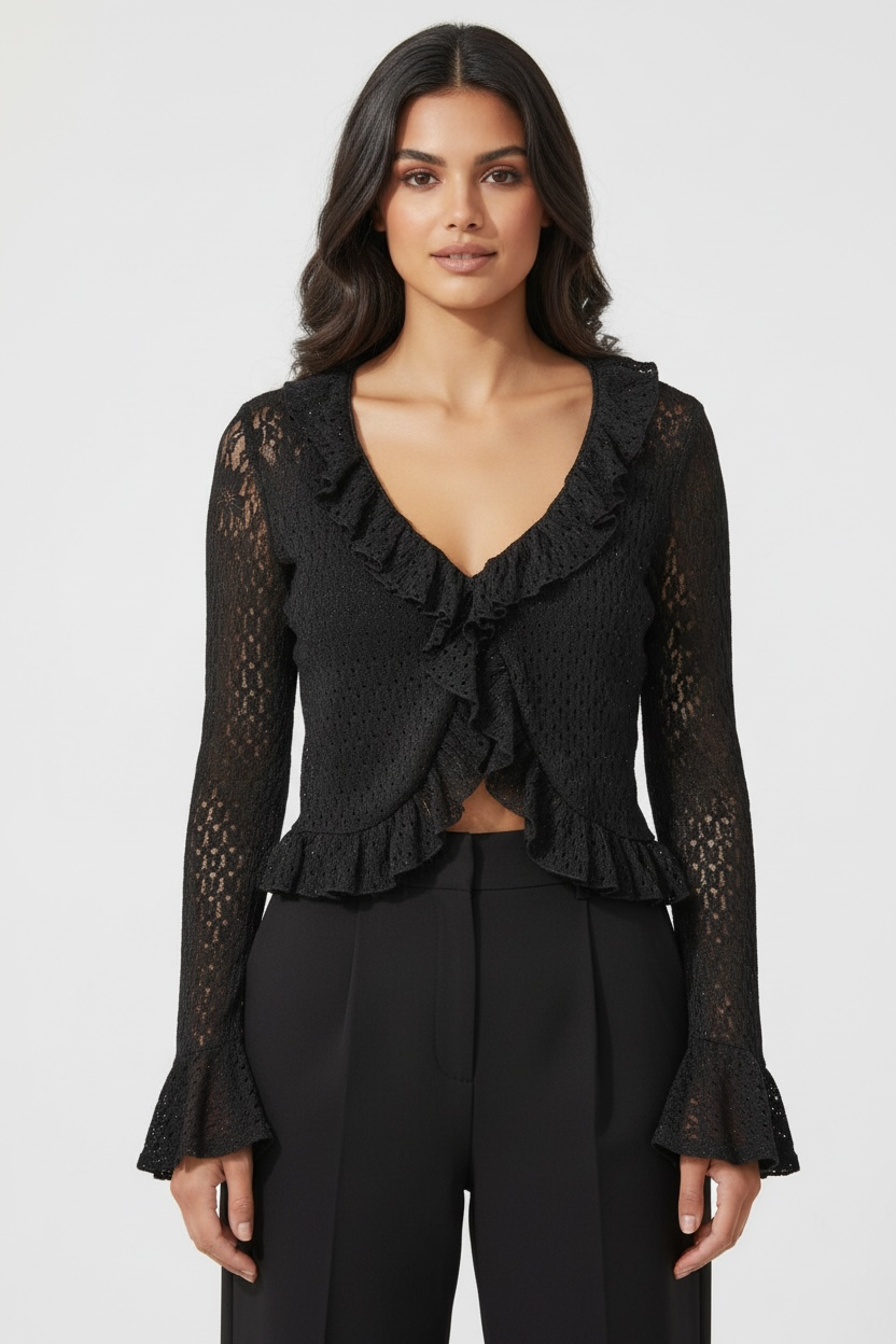 Cardigan in Pizzo con Ruches – Nero