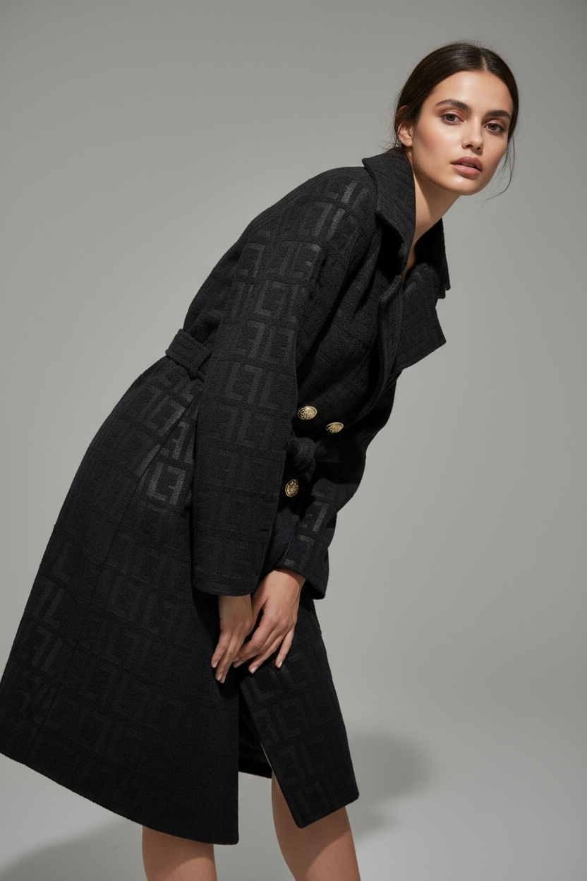 Cappotto nero con cintura e bottoni dorati