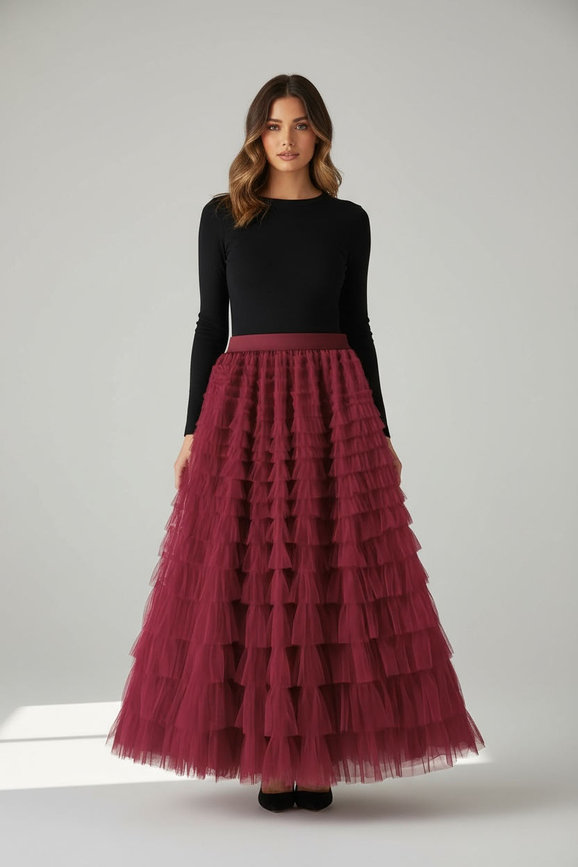 Gonna Lunga in Tulle a Balze – Borgogna Elegance