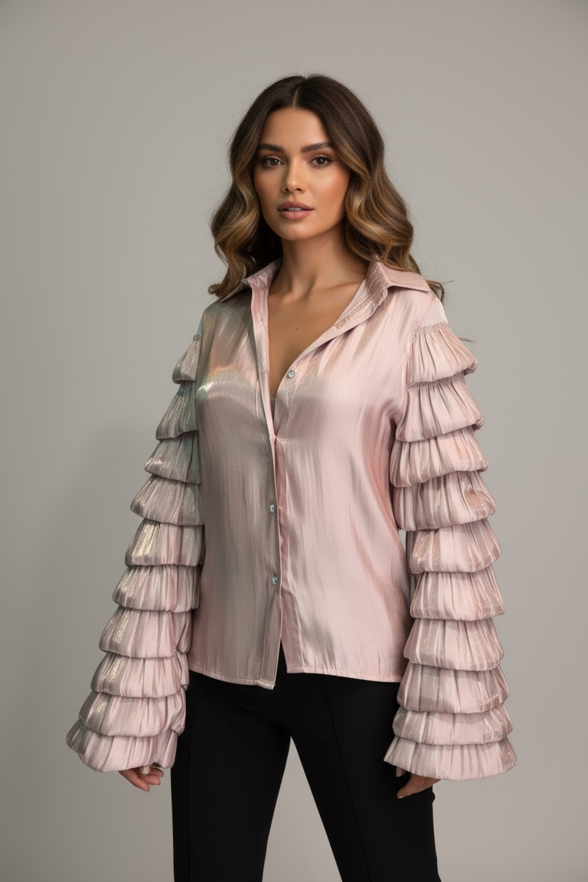 Camicia Satin Rosa Antico Cangiante con Maniche a Balze – “Aurora Blouse”