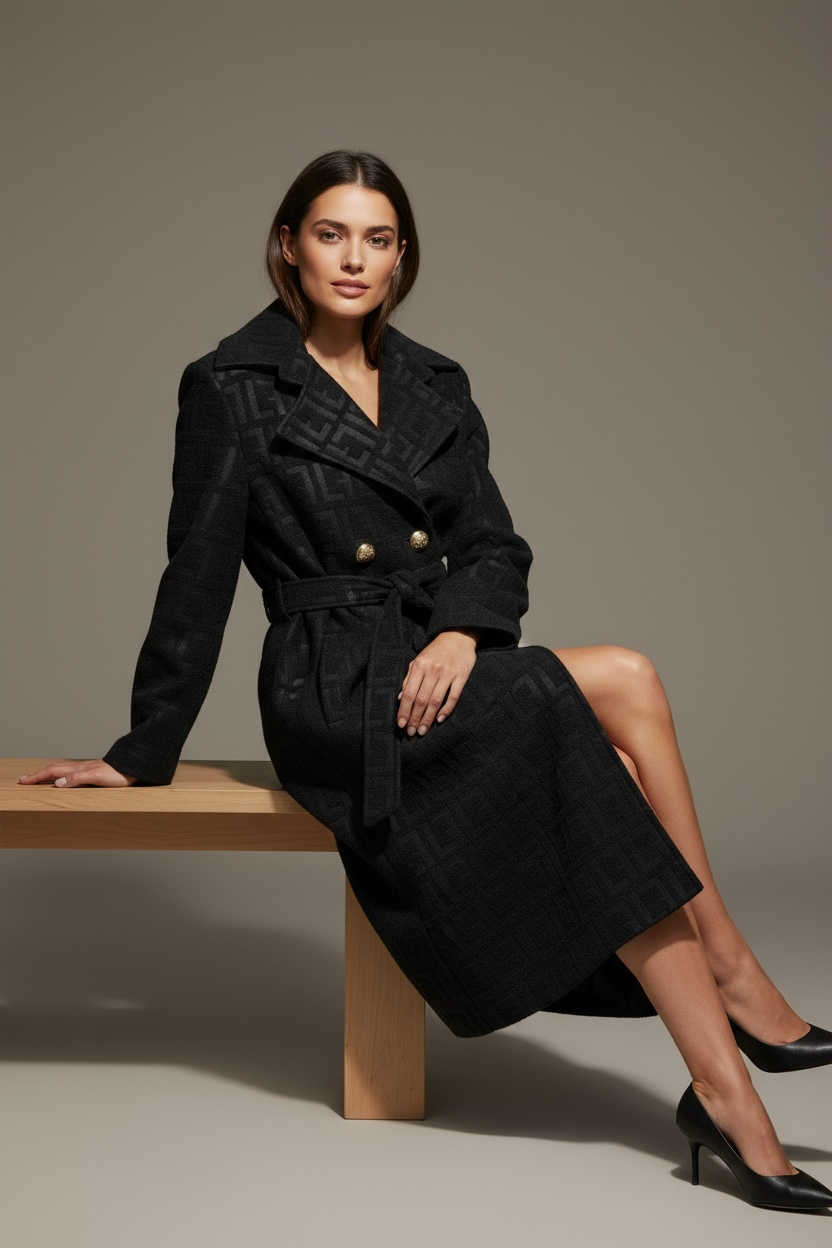 Cappotto nero con cintura e bottoni dorati