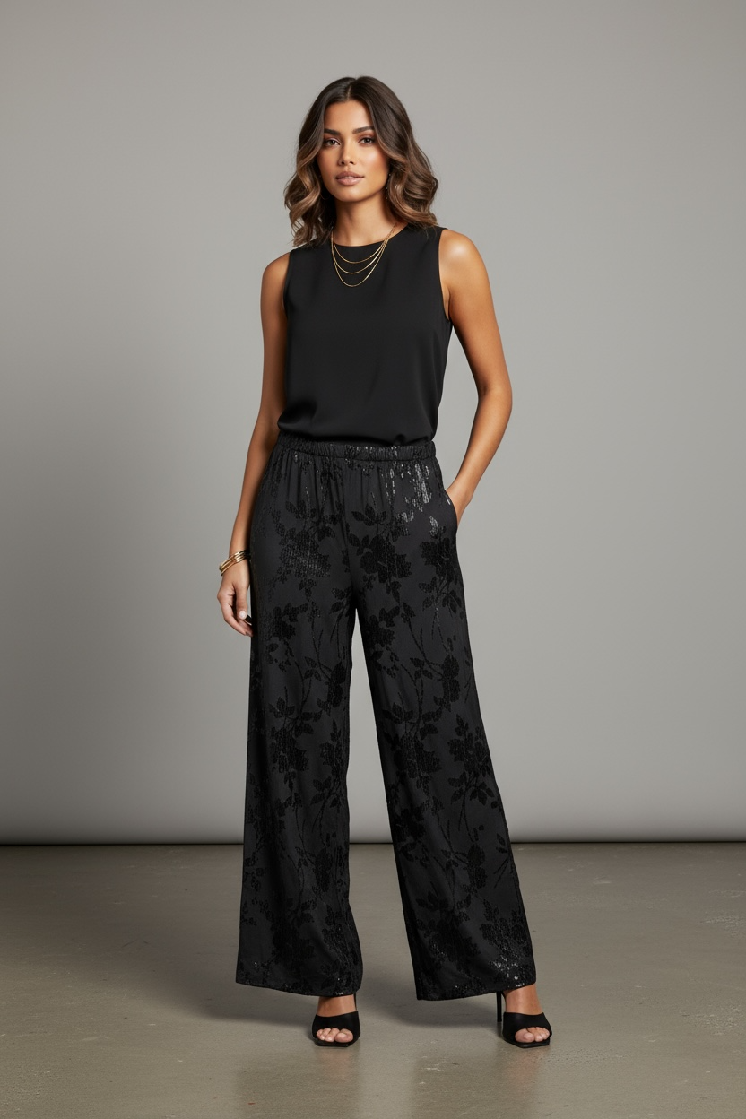 Pantalone ampio jacquard floreale tono su tono