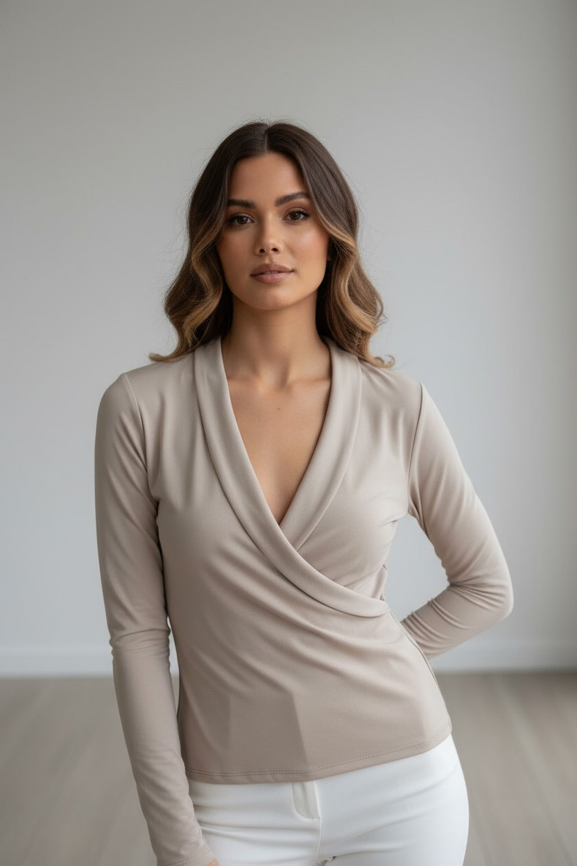 Blusa Incrociata Beige a Maniche Lunghe