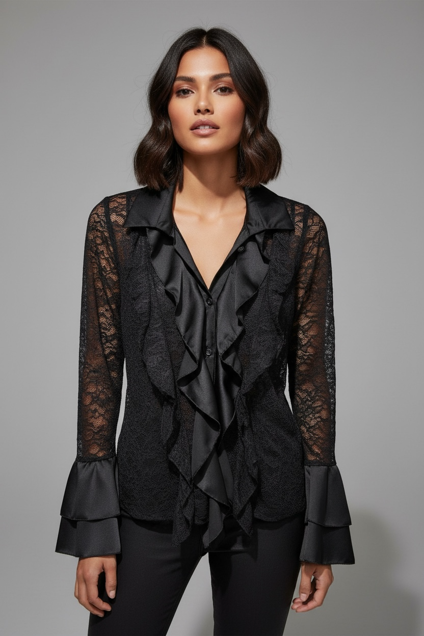 Camicia in pizzo trasparente con rouches – Colore nero