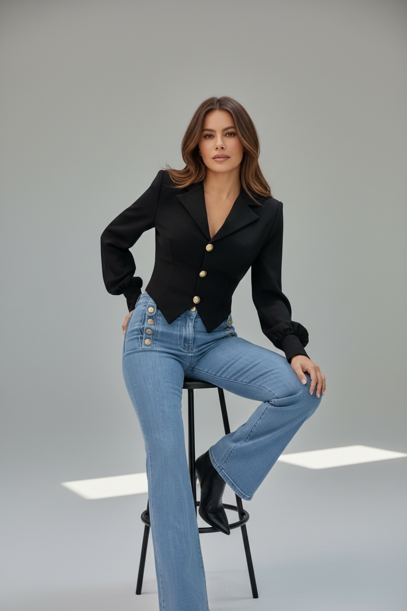 Jeans flare vita alta con bottoni