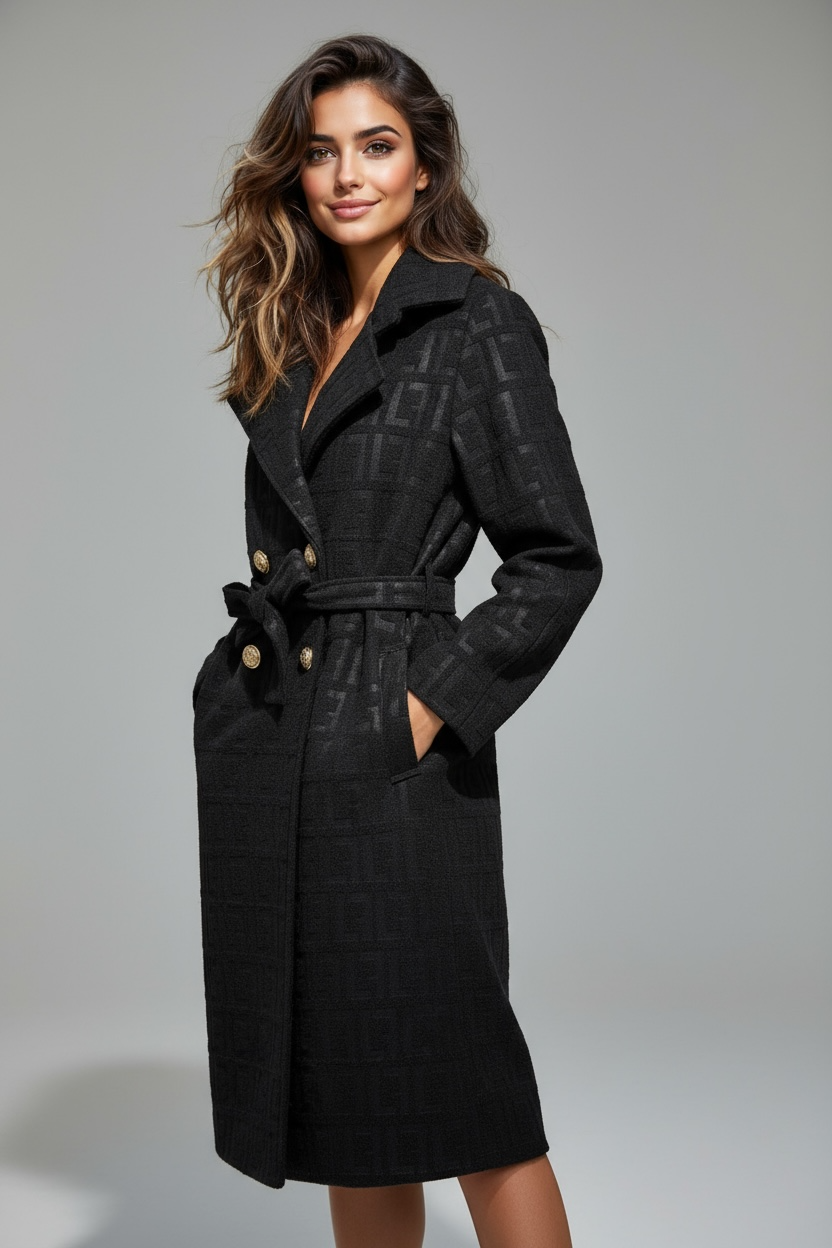 Cappotto nero con cintura e bottoni dorati