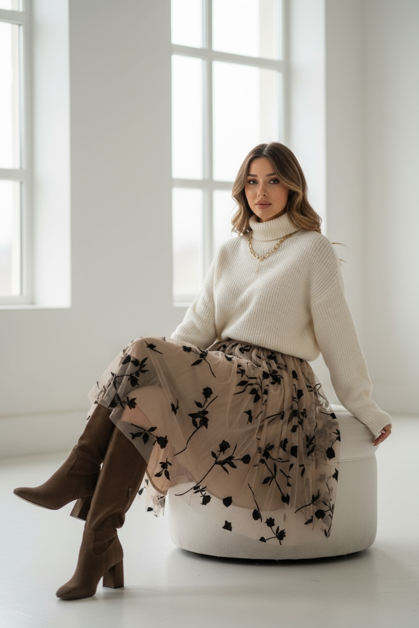 Gonna Lunga in Tulle Ricamato – Nude Elegance