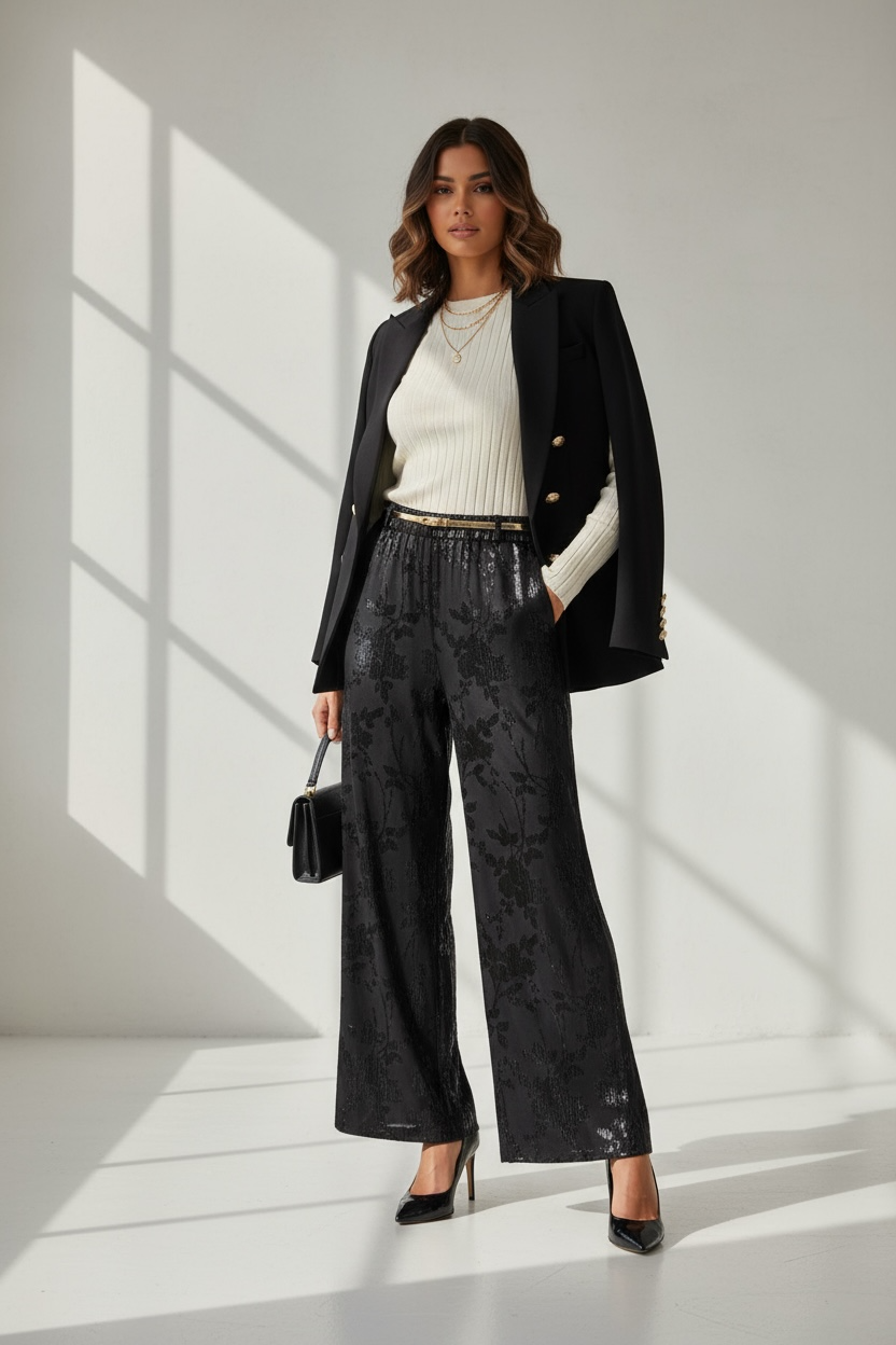 Pantalone ampio jacquard floreale tono su tono