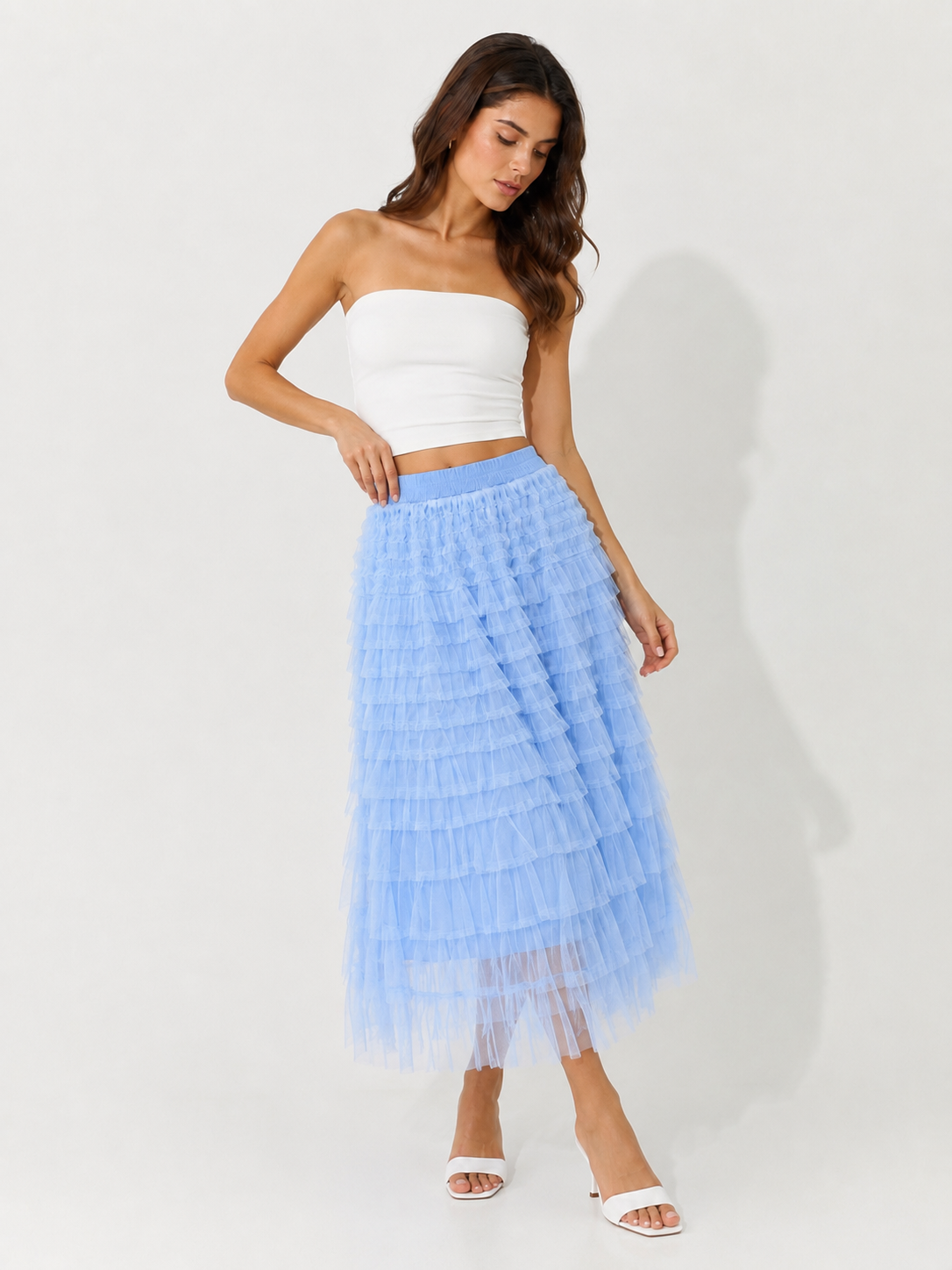 Gonna Midi Tulle Celeste Volant