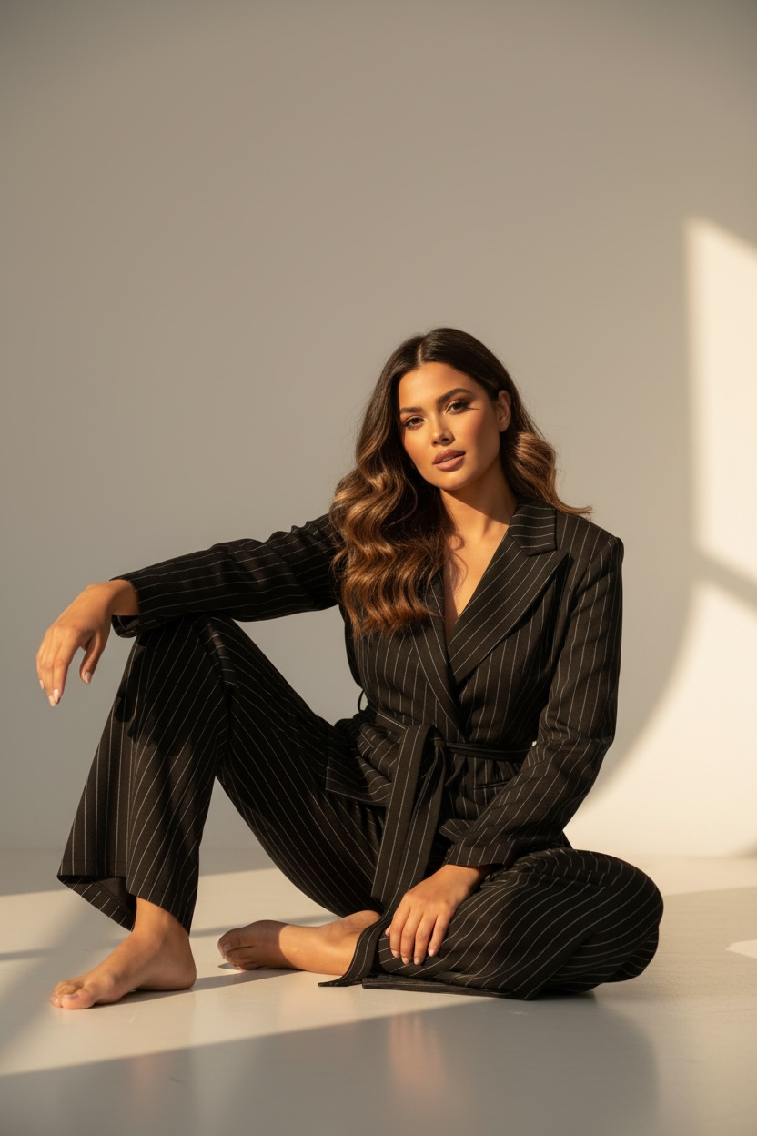 Tailleur Donna Gessato con Giacca Cinturata e Pantalone Palazzo